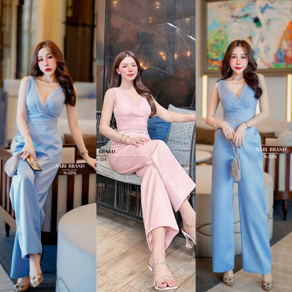 (พร้อมส่ง) Nabi&Mabel17 28 จั้มสูทแขนกุด ทรงกระบอก ดีเทลแต่งผ้าชีฟองและสายเพชรงานซิบหลัง Q.