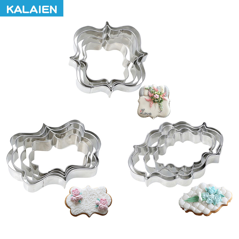 Kalaien 3รูปแบบกระจกกรอบรูปร่างสแตนเลสคุ้กกี้4ชิ้น/เซ็ต DIY คุกกี้เบเกอรี่แม่พิมพ์ชุดหมากฝรั่งวาง, sugarcraft, ดินตัดอเนกประสงค์