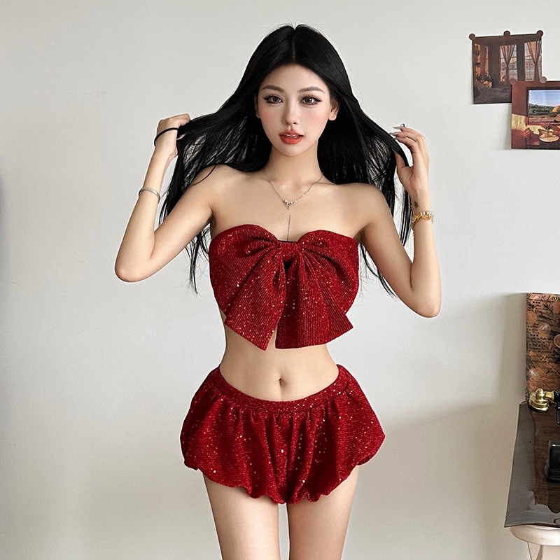 Kliou เลื่อมกางเกงแข็งชุดเสื้อกั๊กที่ไม่มีสายหนัง Bowknot Navel สัมผัสตรงกับสั้นกางเกงเอวสูงHip-Covering Casual แฟชั่นชุดสองชิ้น