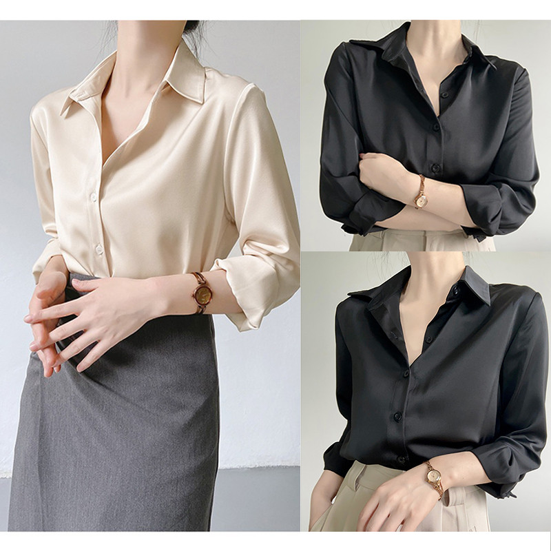 Beryl เสื้อเชิ้ตผ้าซาตินแขนยาวสำหรับผู้หญิง เสื้อตัวบนสไตล์เรโทร เนื้อผ้าเรียบ สวมใส่ได้หลากหลาย