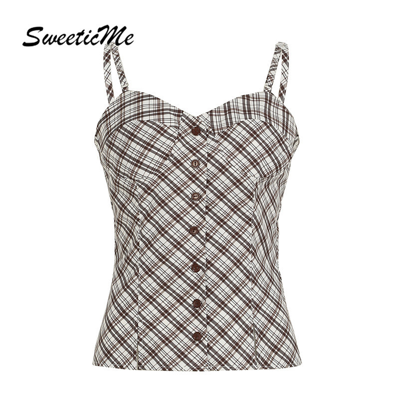 Sweeticme ผู้หญิง 2024 ใหม่แฟชั่นสไตล์ฝรั่งเศส Retro ลายสก๊อต Slit เซ็กซี่สายคล้องคอเสื้อกล้าม Camisole