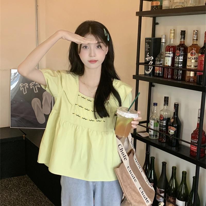 🧡LINNA🧡สีทึบ ปลอกคอสแควร์ เวอร์ชั่นเกาหลี แขนสั้น เสื้อเชิ้ต แฟชั่น หวาน