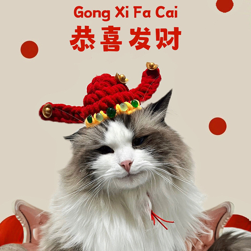 หมวกสัตว์เลี้ยง God of Wealth Hat Festive Red Cat God of Wealth Hat Lucky Cat Headgear Dog Chinese New Year Photo Dress Up Cat Hat Dog Hat