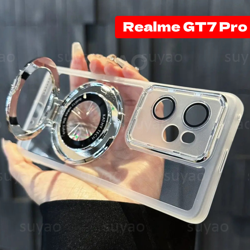 สําหรับrealme GT7 Pro GT7Pro 5G 2024 เคสโทรศัพท์ที่วางขาตั้งแม่เหล็กปลอกRealmeGT7 GT 7 Thin Ultra Clearใสนุ่มคู่เลนส์เปลือกกันกระแทกTPUชุบปกหลัง