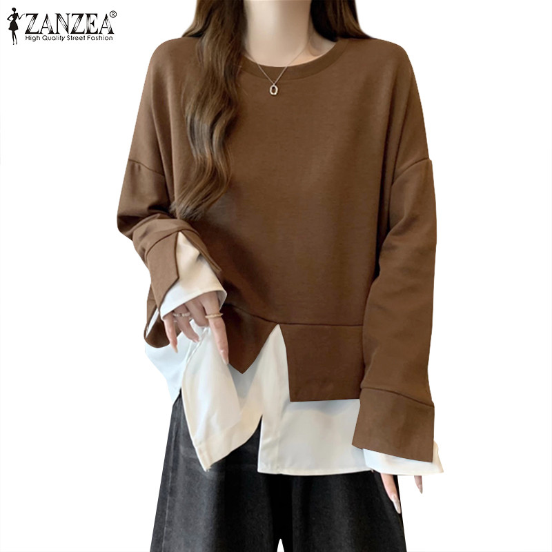 Zanzea ผู้หญิงเกาหลี Slit Splicing สีปิดกั้นเสื้อแขนยาวหลวม