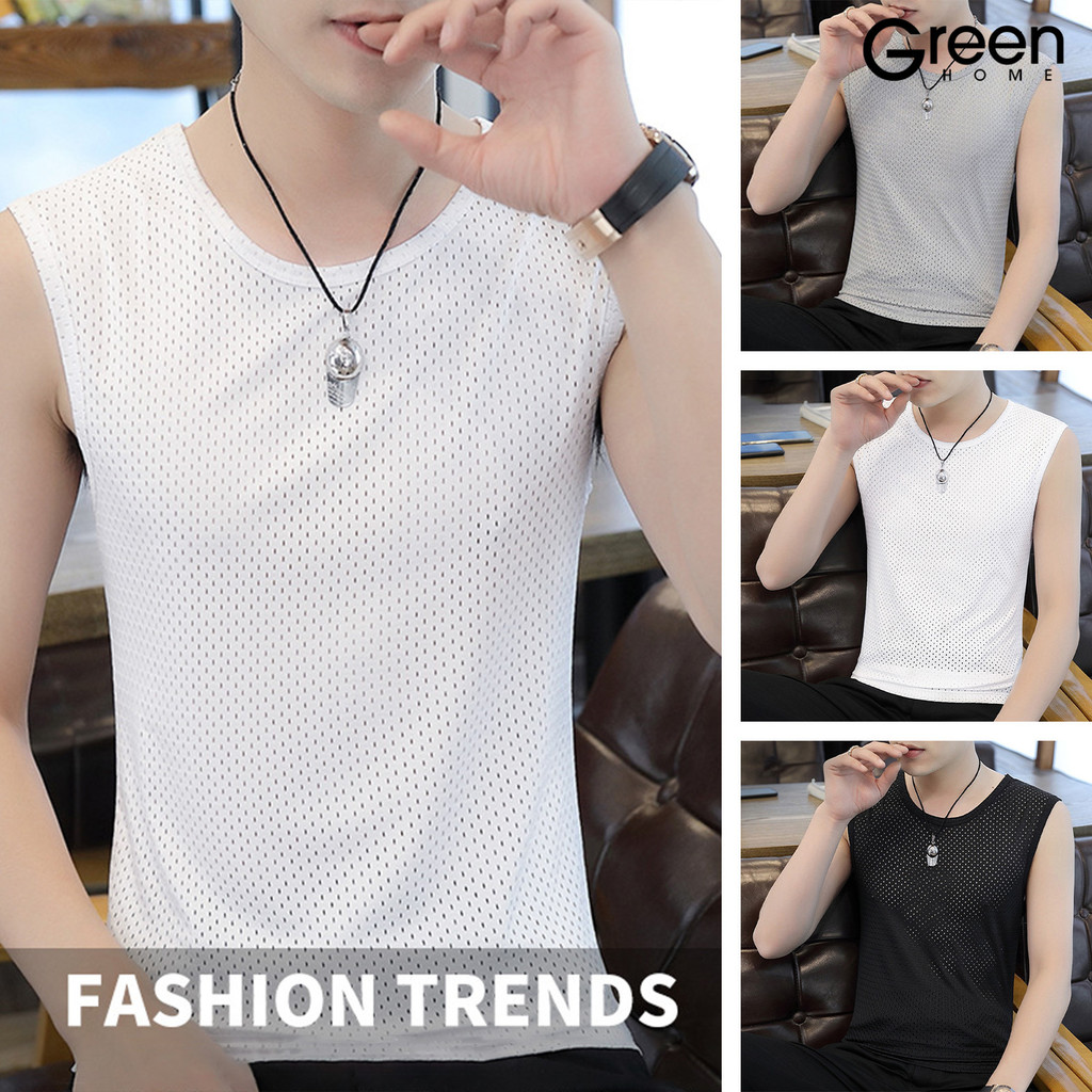GHMenตาข่ายเสื้อกล้ามลูกเรือคอแขนกุดเสื้อกั๊กกีฬาBreathableสีทึบเสื้อลําลองสําหรับฤดูร้อนชายหาดออกกําลังกายStreetwear