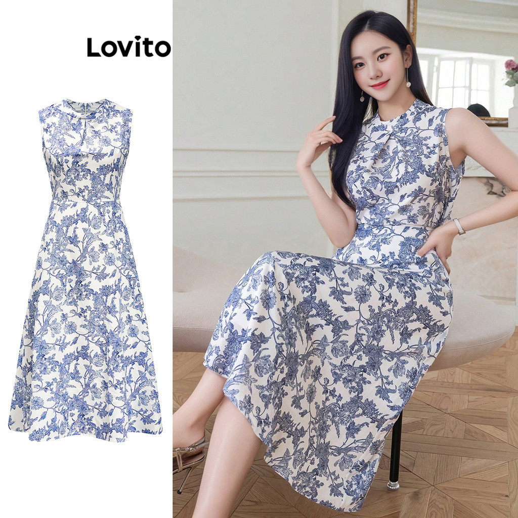 Lovito ชุดเดรสจีบสำหรับผู้หญิงลายพิมพ์ชนเผ่าโบโฮ L95ED106