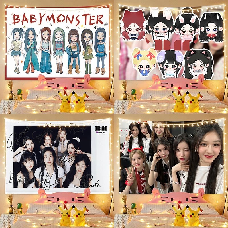 ขายร้อน สินค้าใหม่ babymonster ผ้าพื้นหลัง Star Wall ผ้า Tapestry ตกแต่งห้องนอนพัดลม Cheer Tapestry หอพักนักเรียนคุณภาพสูง