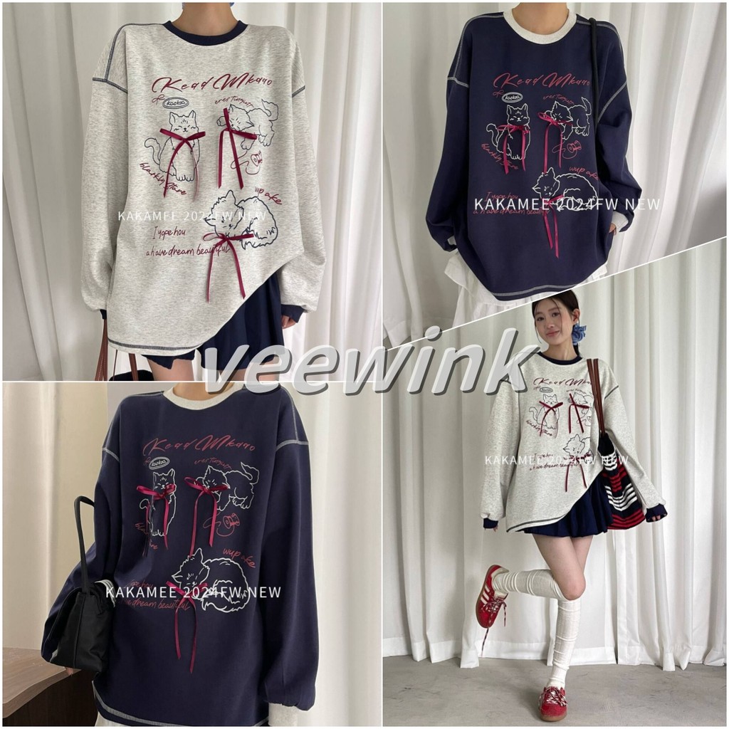 Veewink พร้อมส่งจากกทม เสื้อกันหนาว สไตล์เกาหลีผ้านุ่มใส่ดี แมวลายการ์ตูนสุดน่ารักและโบว์ปัก