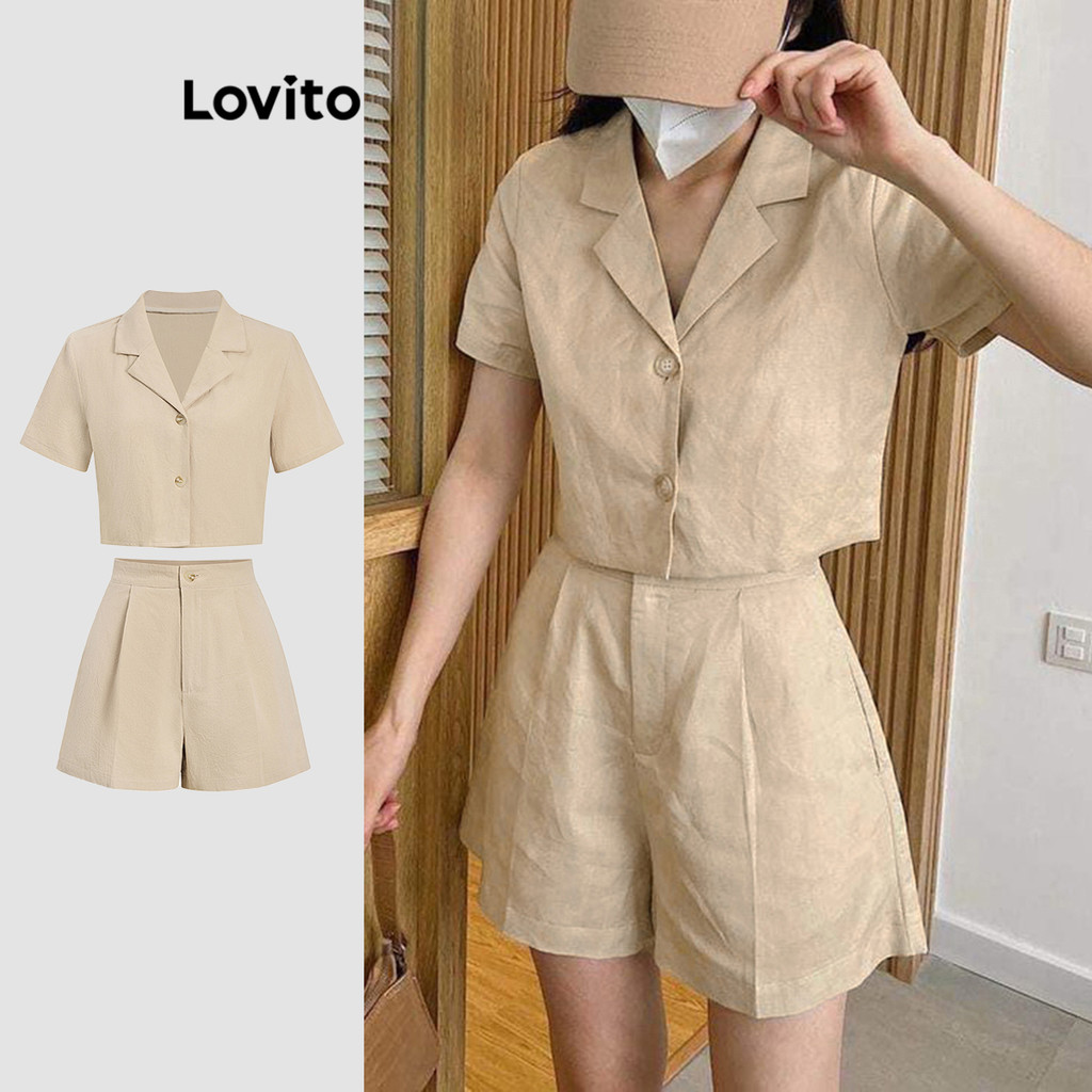 Lovito ชุดเซ็ทกางเกงขาสั้นผู้หญิง กระดุมหน้า สีพื้น สไตล์ลำลอง L89MD010