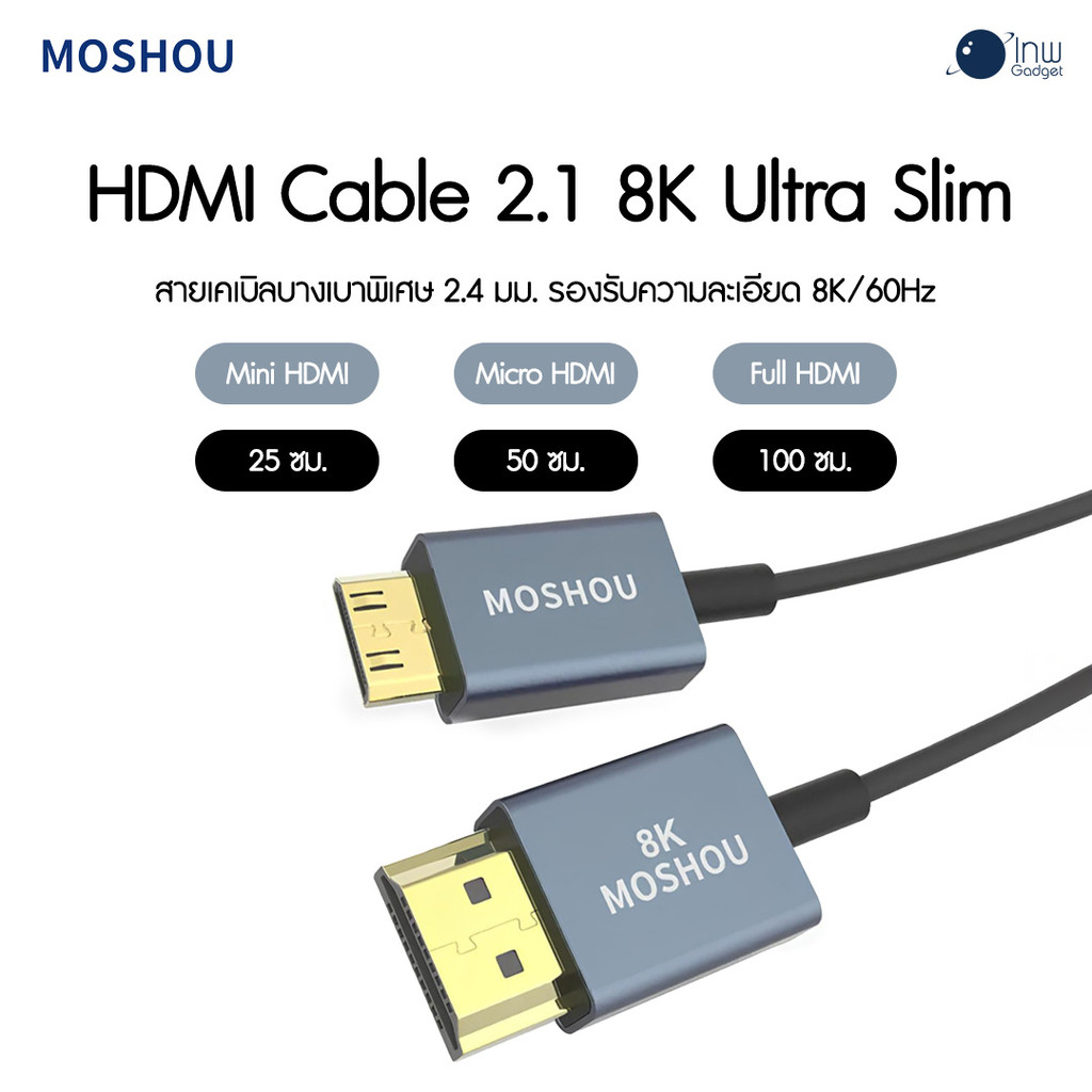 HDMI 2.1 8K 60Hz Ultra Slim OD 2.4mm สายเคเบิลบางเบาพิเศษ 2.4 มม. รองรับความละเอียด 8K/60Hz