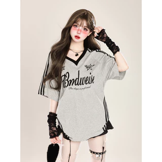 Solovely ผู้หญิง สไตล์เกาหลี ปักลาย ผ้าฝ้าย เสื้อตัวบน สีเย็บ ลายทาง คอวี โอเวอร์ไซส์ เสื้อยืด