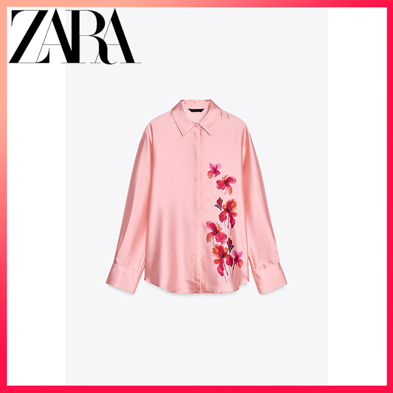 ZARA ซาร่า 25 ฤดูใบไม้ผลิสินค้าใหม่เสื้อผ้าสตรีดอกไม้พิมพ์ซาตินพื้นผิวเสื้อแขนยาว