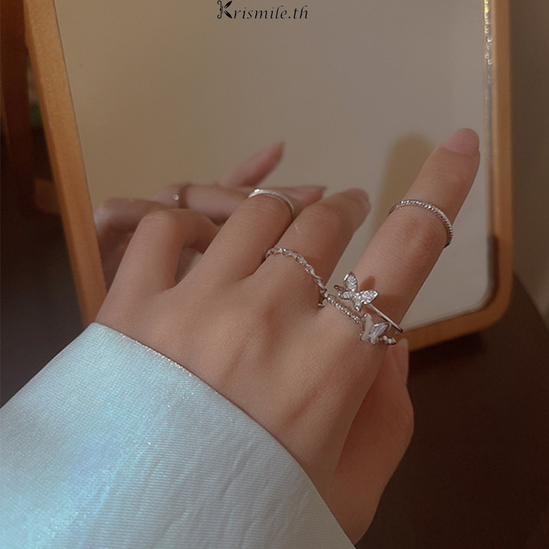 COD-ในไทย💖แหวนผีเสื้อ Super Fairy Butterfly 4 ชิ้นสำหรับสุภาพสตรี แหวนนิ้วชี้ส่วนบุคคล ลมเย็นสีแดง-Kri