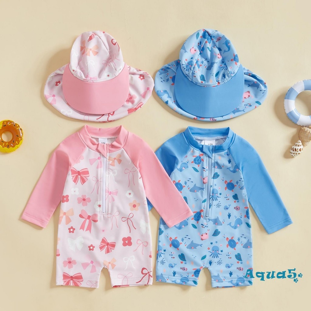 Aqq-toddler Rash Guard ชุดว่ายน้ําหมวก 2 ชิ้นชุด Crab Lobster Whale รูปแบบ Zip Up แขนยาวลูกเรือคอชุดว่ายน้ําเด็ก