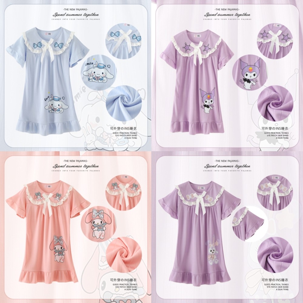 (((95-160 ซม.) เด็กผู้หญิง Sanrio Series ชุดนอนเด็กผู้หญิงน่ารักการ์ตูนสามารถสวมใส่นอก Homewear ชุดนอนชุด