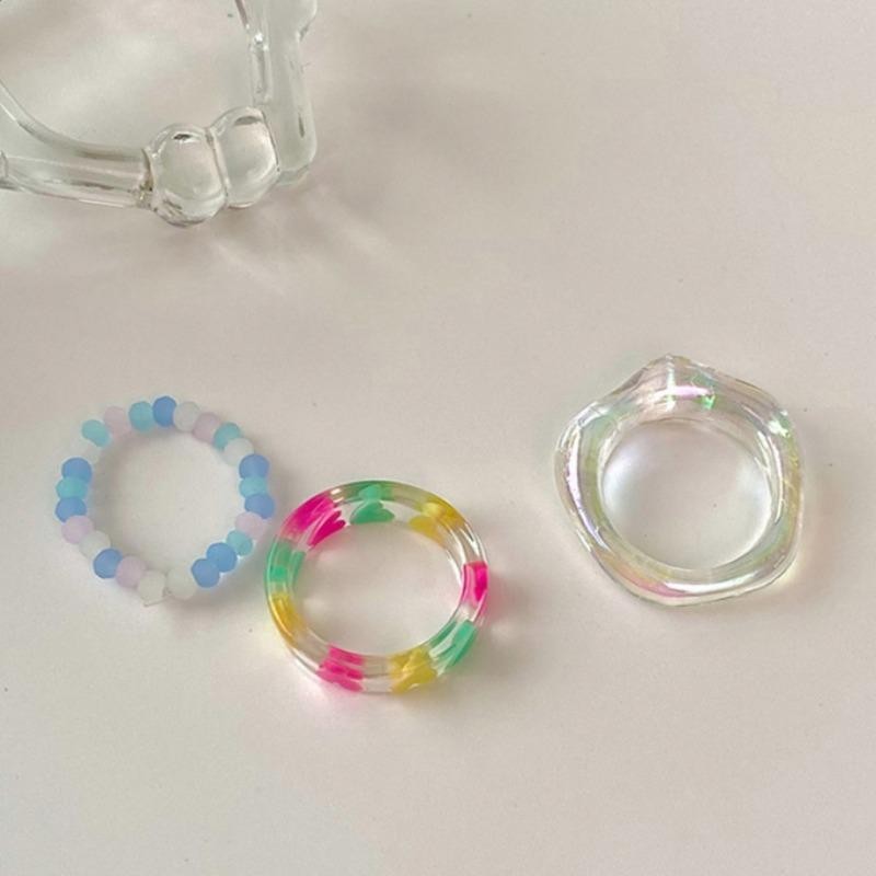 3ชิ้นหัวใจลูกปัดแหวนอะคริลิชุดนักเรียนหญิงสีโปร่งใสผิดปกติแหวนเรซิ่นของขวัญ - รูปที่ 3