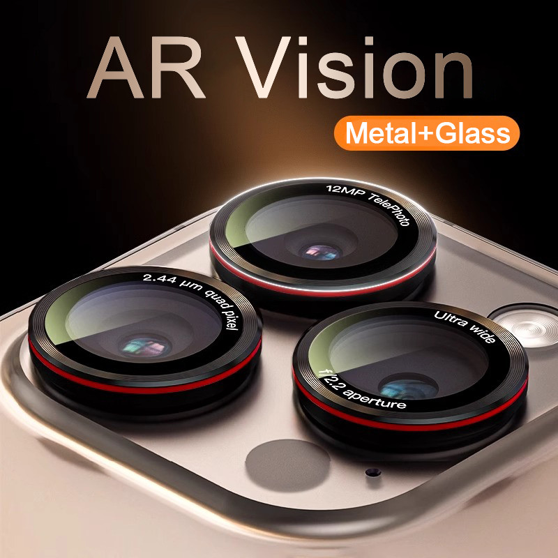 Ar ตัวอักษรสองสีสําหรับ iPhone 16 Pro Max แหวนโลหะตัวป้องกันเลนส์กล้องสําหรับ iPhone 11 12 13 14 15 Pro Max 14/15/16 PlusGlass เลนส์