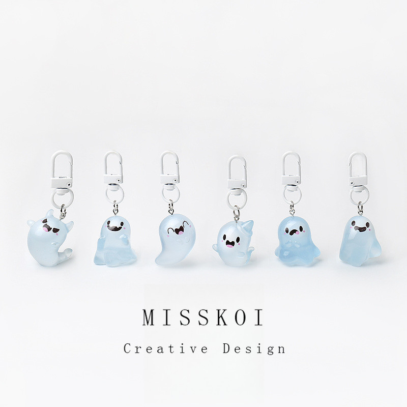 MISSKOI ฮาโลวีนเยลลี่ผีพวงกุญแจสามมิติการ์ตูนโปร่งใสจี้เอลฟ์คู่