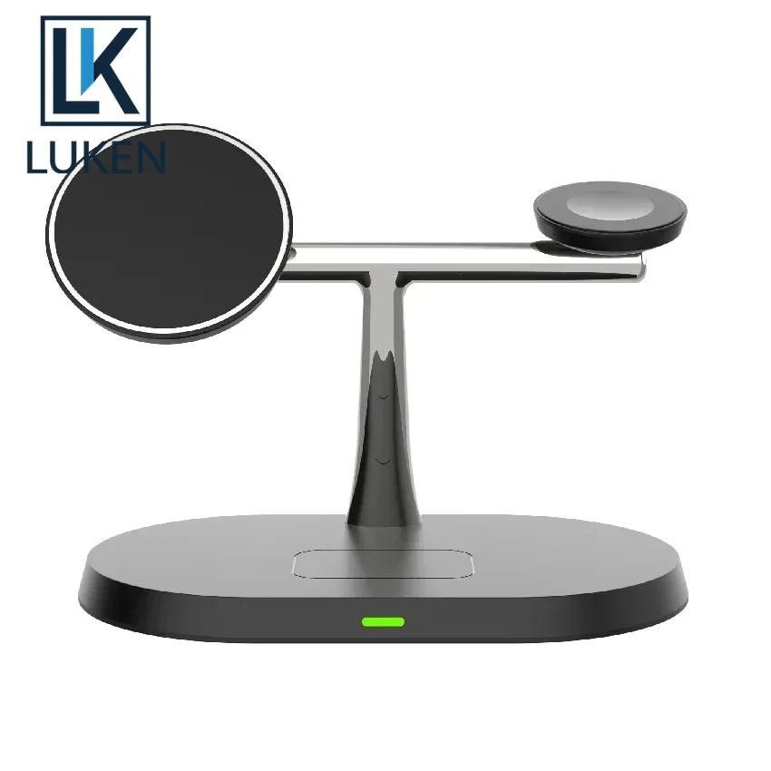 Luken 3 in 1 15W Magnetic Wireless Charger Stand Macsafe สําหรับ iPh 15 14 13 12 Pro Max Airpods App