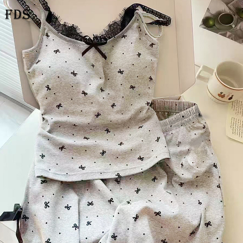 ชุดนอนผู้หญิง FDS Cool บุนวมแต่งลูกไม้สำหรับฤดูร้อน ชุดเสื้อชั้นในหวาน ชุดนอนผู้หญิง