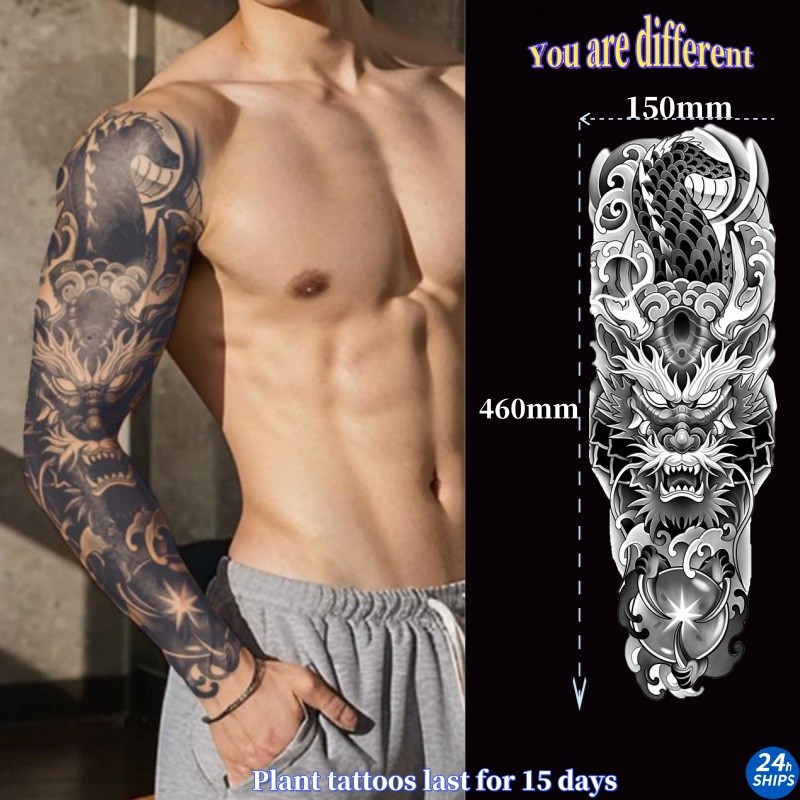 ลายกิเลนรอยสักครอบงําชายแขนพืชสักสติกเกอร์รอยสักกันน้ํายาวนาน15วันสติกเกอร์ผิวชั่วคราวสักปลอม