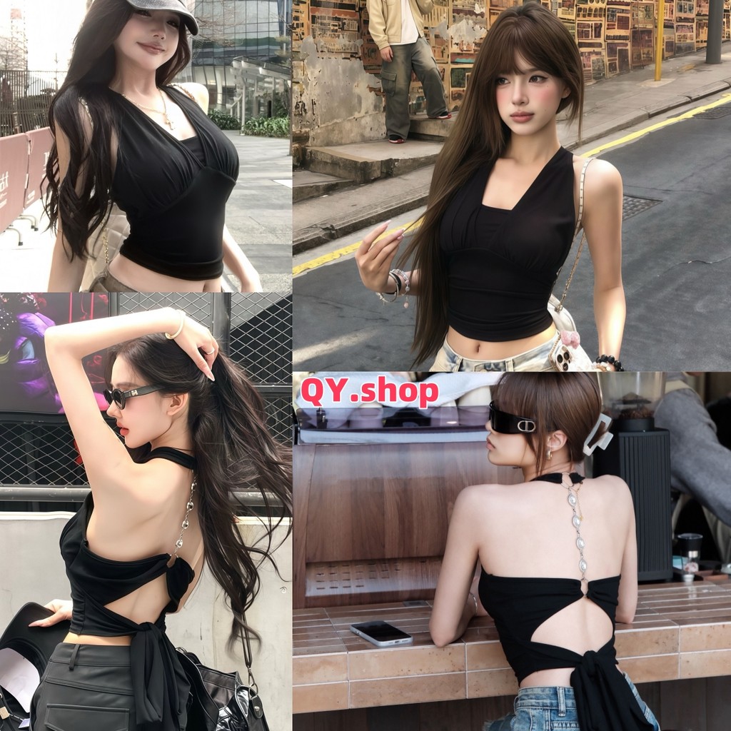 QY.Shop สินค้าราคาพิเศษ เสื้อยืดคล้องคอ ผูกโบว์ข้างหลัง แถมสายเพชรหล้องหลัง รัดหุ่น เซ็กซี่ เท่ๆ ได้หลายลุค "FY2636#1"