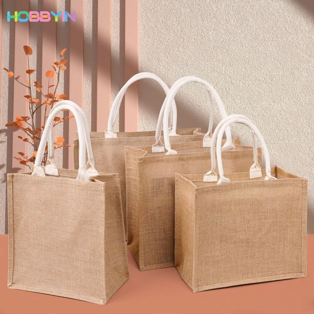 HOBBYIN Burlap Tote กระเป๋า,เลียนแบบกระสอบ Jute ผู้หญิงผ้าลินินกระเป๋า,คอนเทนเนอร์แบบพกพามือวาด Vintage ถุงช้อปปิ้งผู้หญิง