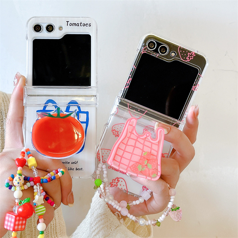3D น่ารักมะเขือเทศวงเล็บสร้อยข้อมือเคสโทรศัพท์สําหรับ Samsung Z Flip 8 7 4 5 6 Clear Hard PC กันกระแทก