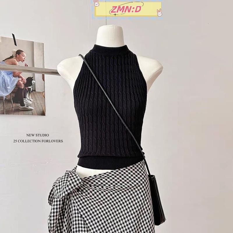 Newwellknowngreat ฤดูร้อนเกาหลีสีทึบ Halter คอแขนกุด Slim Twist ถักเสื้อกั๊กสําหรับผู้หญิง RRT