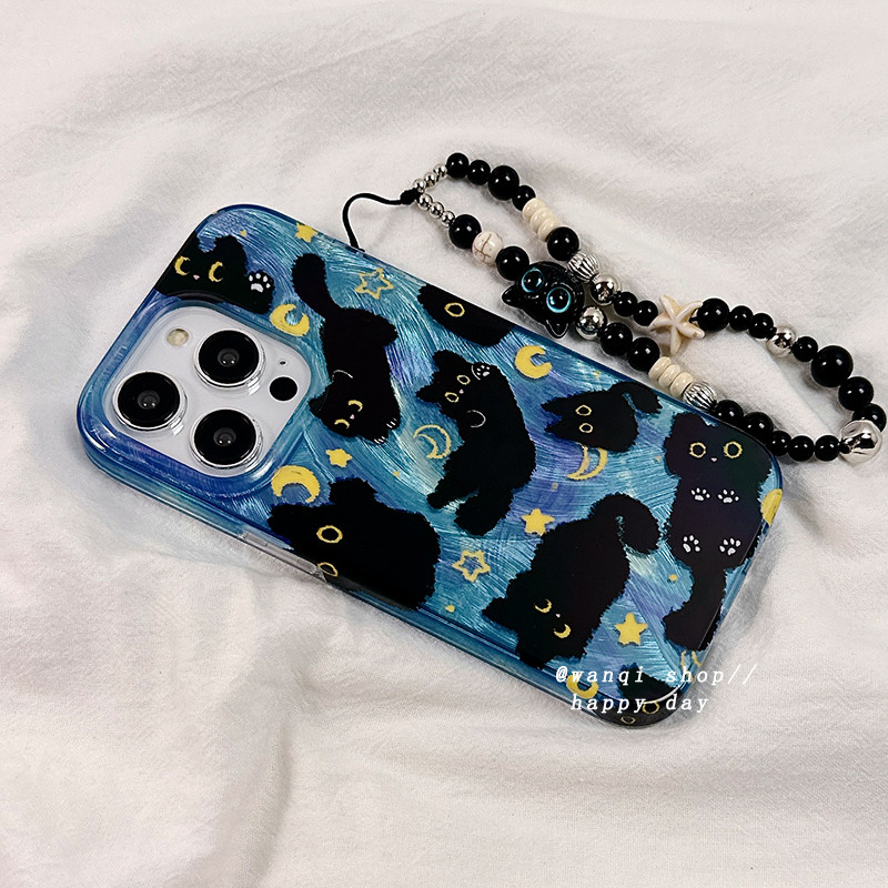 Huiwanju สองชั้น imd โซ่แมวดําสําหรับ iPhone15 เคสโทรศัพท์มือถือ iphone16promax ความรู้สึกขั้นสูง 13 ป้องกันการตก 14 ซิลิโคน 12 เคสป้องกันหญิง 15Pro