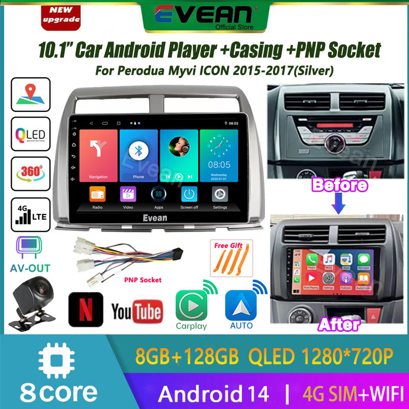 Evean Octa Core รถ Android Player 10.1 "วิทยุสําหรับ Perodua Myvi ICON 2015-2017 (สีเงิน) พร้อมปลอกแ