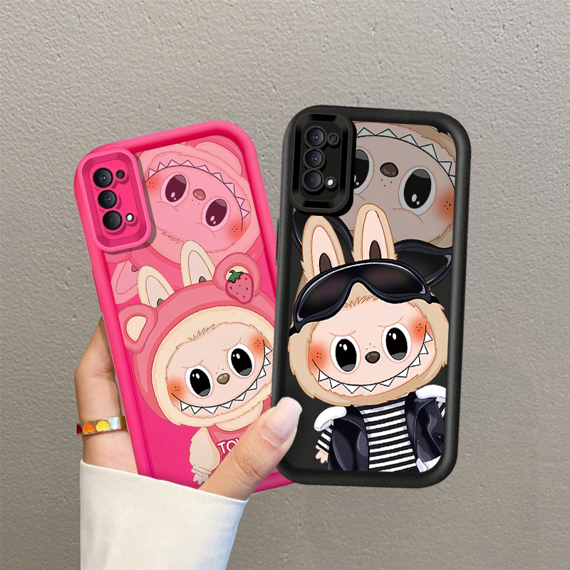 Cool แว่นตากันแดดสตรอเบอร์รี่หมี Pop Mart Labubu สําหรับ OPPO Reno 2Z 2F / Reno5 5K / Reno6 / Reno7 / Reno8 8 Pro 8T / Reno10 Pro / Reno 11 11F 5G โทรศัพท์มือถือปลอกฝาครอบป้องกัน