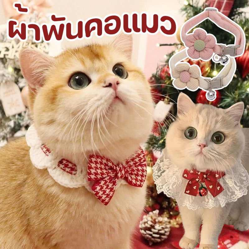 พร้อมส่ง ผ้าพันคอแมว ผ้าพันคอถัก ปลอกคอสัตว์เลี้ยง พิมพ์ลายลูกไม้ ประดับโบว์ สาม