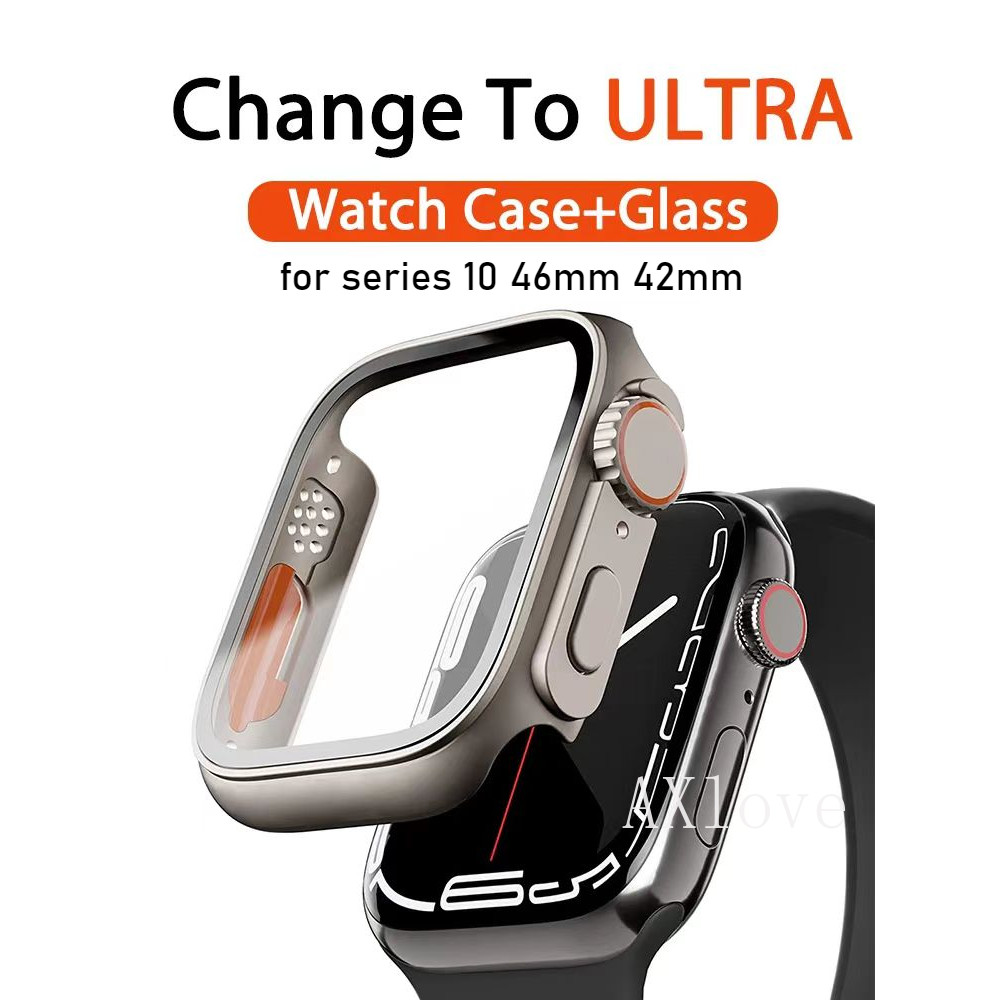 กระจก + PC Firm สําหรับ Apple Watch Case series 10 46 มม./42 มม.44 มม.40 มม.45 มม.41 มม.ป้องกันหน้าจอฝาครอบรูปลักษณ์อัพเกรด 49 มม.เปลี่ยนเป็น ultra 2