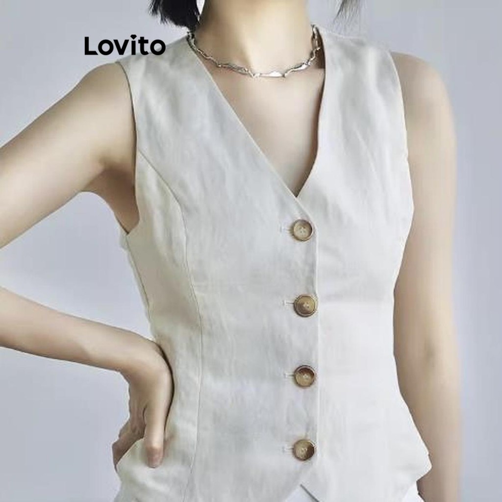 Lovito เสื้อแขนกุดผู้หญิง กระดุมหน้า สีพื้น สไตล์ลำลอง LNE59024