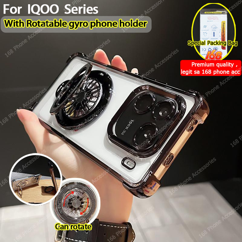 เคส iQOO 12 13 15 Z9 Z10 5G Neo 10 เคส iQOO Z9 Turbo Z9X เคสกันกระแทกใสฝาครอบกล้องไจโรคลายเครียดที่วางโทรศัพท์หมุนได้ขาตั้งหนาถุงลมนิรภัยนุ่มโปร่งใสฝาครอบโทรศัพท์