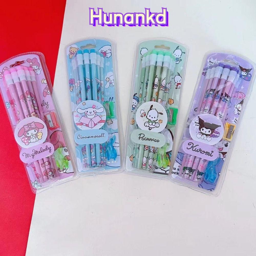 Hunan ชุดดินสอ Sanrio 12 ชิ้น, ยางลบไม้ Kuromi, อุปกรณ์การเรียนสําหรับเด็กเครื่องมือเขียนเครื่องเขียน