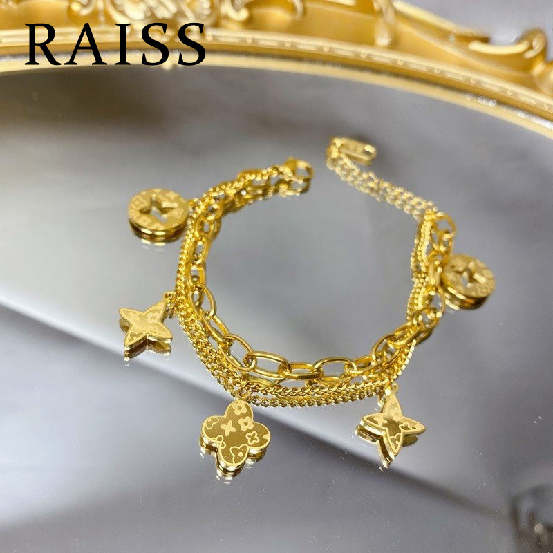 สร้อยข้อมือไทเทเนียม จี้รูปดอกไม้สีทอง 18เค,สร้อยข้อมือสแตนเลสโคลเวอร์สี่แฉกสีทองไม่ซีดจางง่ายคลาสสิกสําหรับผู้หญิง 01