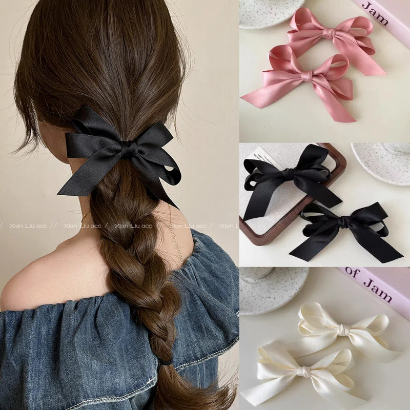 สไตล์เกาหลี Kim Ji Soo Hyun สไตล์เดียวกันซาติน Bow Hairpin ริบบิ้น Duckbill คลิปสุภาพสตรี High-end Hairpin