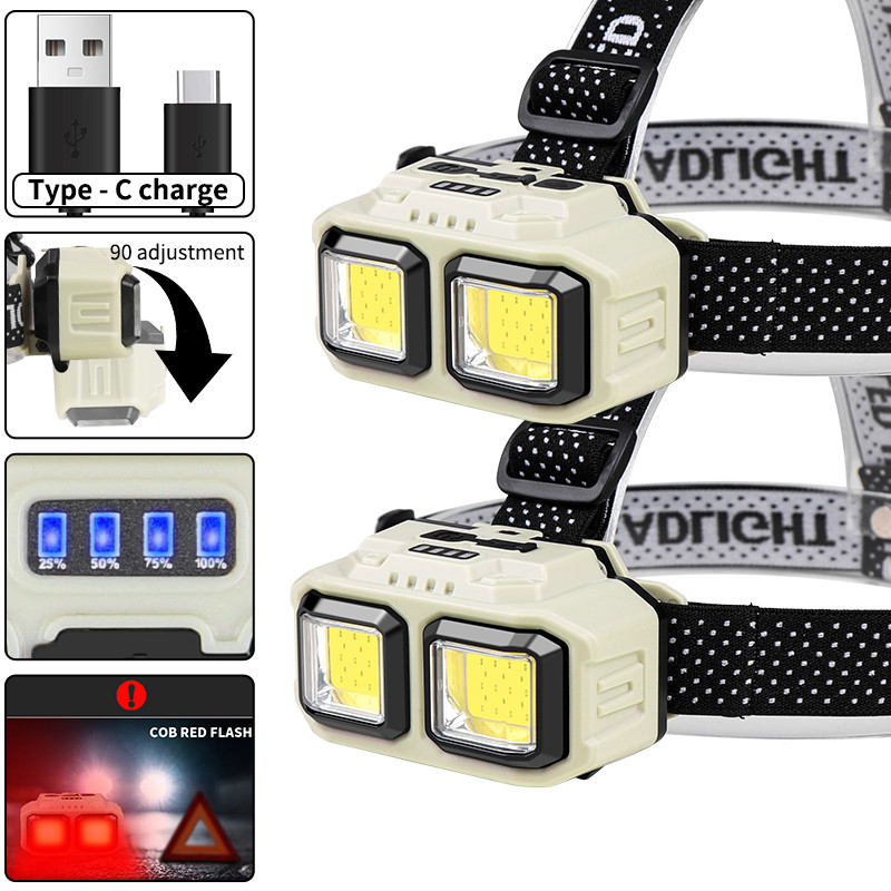 2 * COB สีแดงสีขาว LED ไฟหน้ากลางแจ้ง Camping แบบพกพา Mini 18650 ไฟฉาย Type-C USB ชาร์จตกปลา