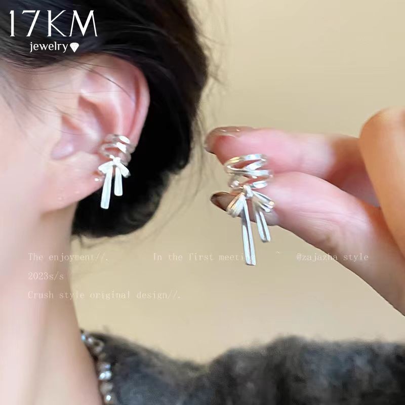 17กม ผ้าไหมริบบิ้นโบว์ต่างหูหรูหราซ้ายขวาต่างหูคลิปเงินสําหรับผู้หญิงเครื่องประดับอุปกรณ์เสริม