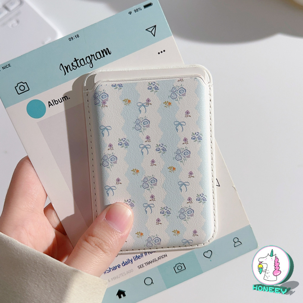 Ins Blue Bowknot ดอกไม้แม่เหล็กช่องใส่การ์ดสําหรับ IPhone 16 15 14 13 12 11 Pro Max X XR Xs Max ID การ์ดเคสโทรศัพท์อุปกรณ์เสริมหนังแม่เหล็กการ์ตูนกระเป๋าสตางค์ผู้ถือ
