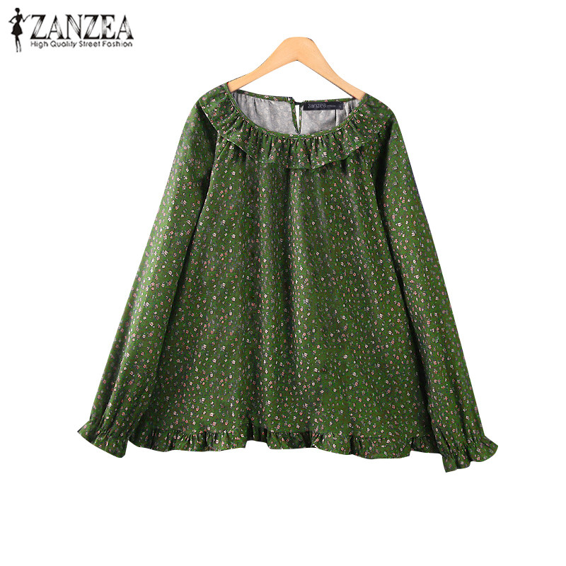 ZANZEA ใส่ ซานเซีย ผู้หญิงเกาหลีลําลองปกแขนยาวดอกไม้พิมพ์นัวเนียเสื้อ