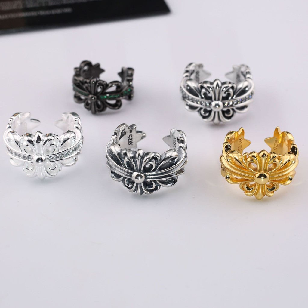 แหวน CH /925 แหวนเปิดไขว้สีเงินแหวนย้อนยุคหนากว้าง
