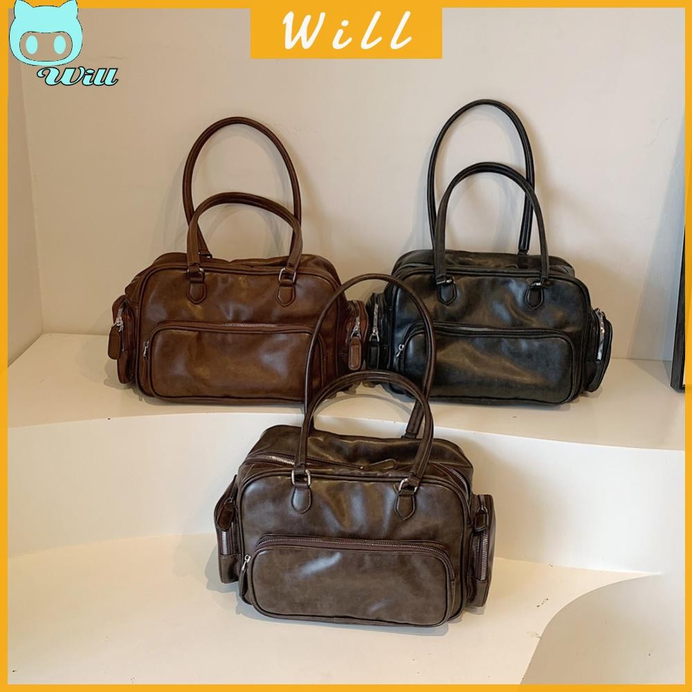 กระเป๋าสะพายสุภาพสตรี Retro Maillard ความจุขนาดใหญ่ Leisure Commuter Boston Bag