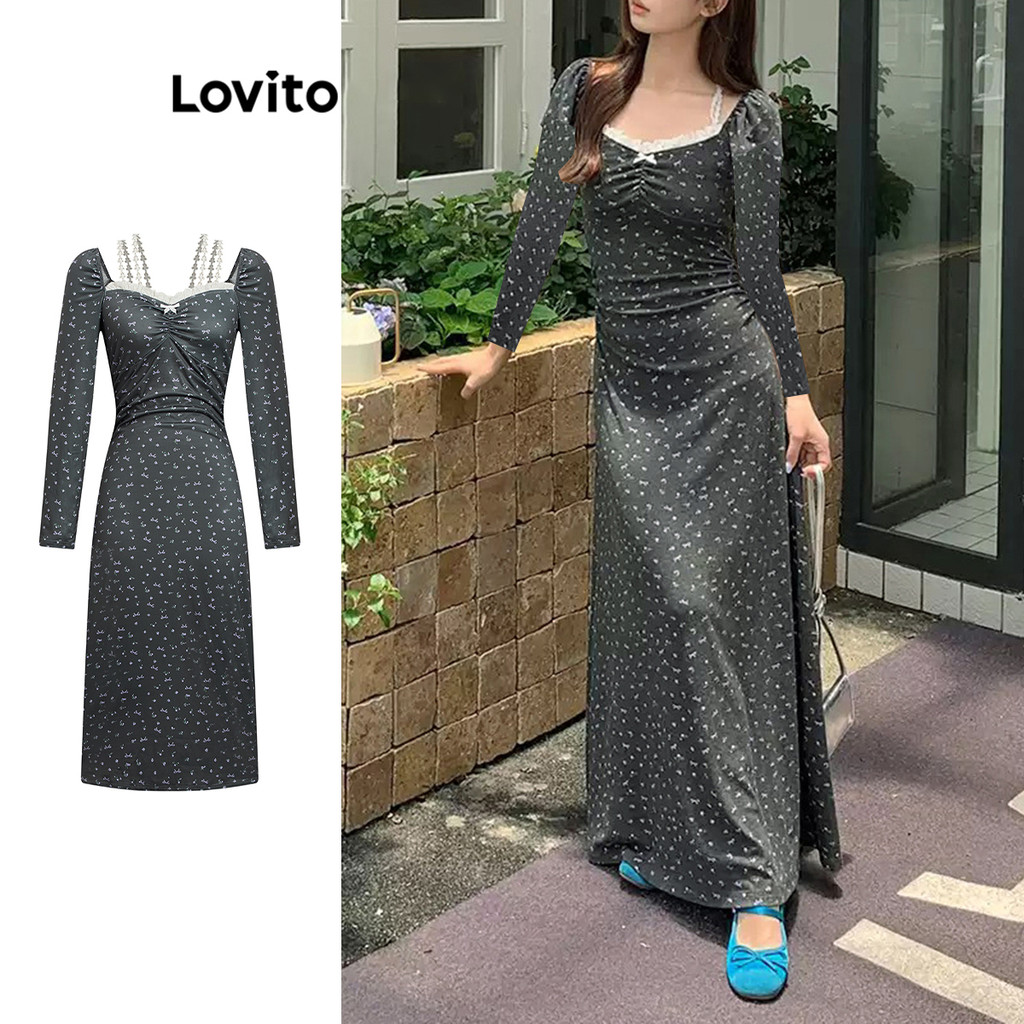 Lovito ชุดเดรสคอระบายลายดอกไม้สไตล์ลำลองสำหรับผู้หญิง LAD106819