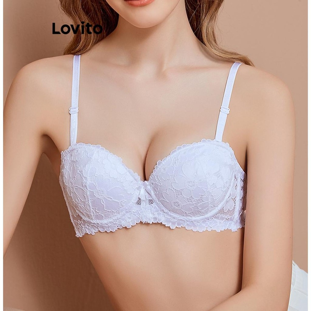 Lovito บราเล็ตต์ผู้หญิง ลูกไม้ สีพื้น สไตล์ลำลอง LNL70223
