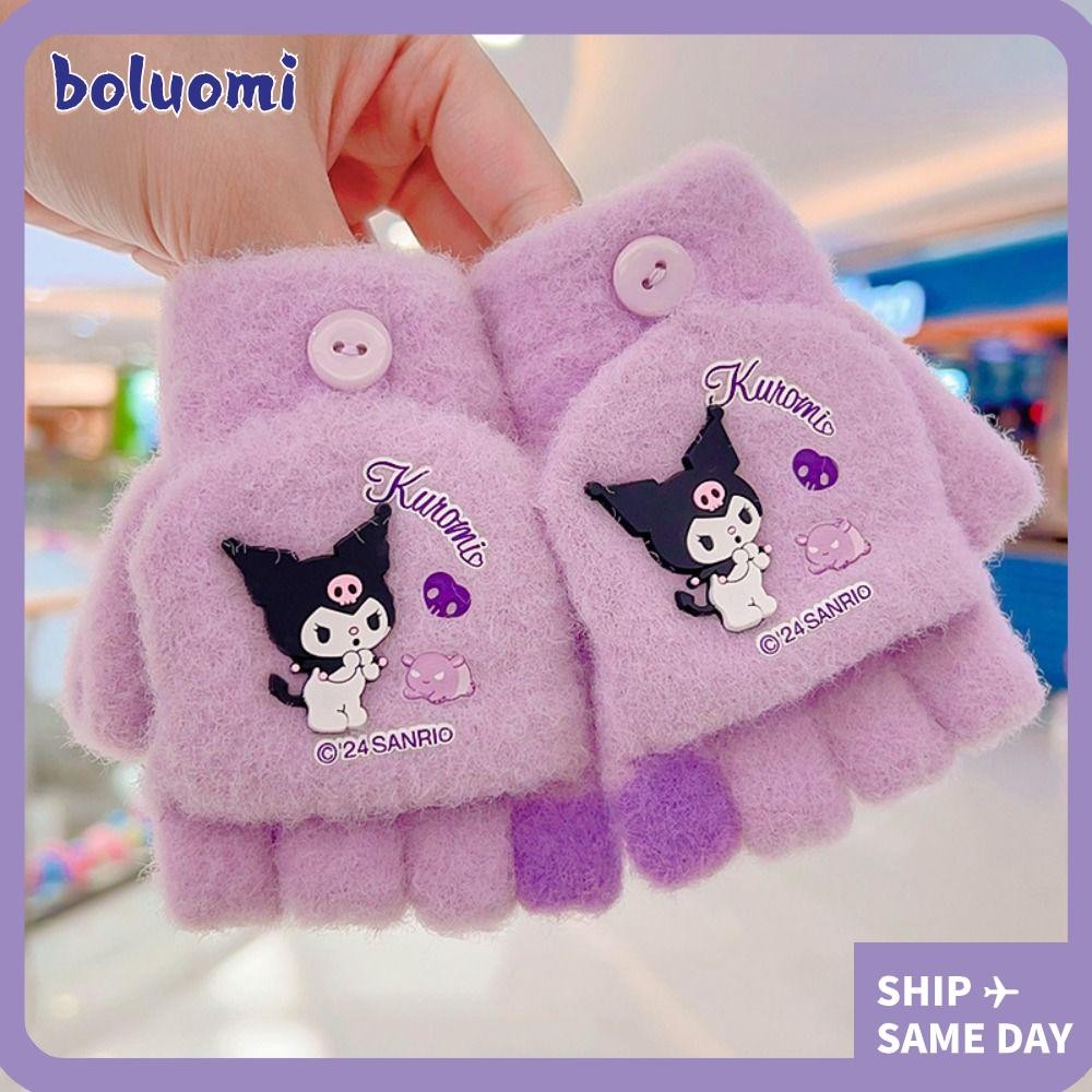 SANRIO ถุงมืออุ่น โบลูโอมิ,น่ารักการ์ตูนตุ๊กตาหนาครึ่งนิ้วพลิกถุงมือ,แฟชั่น ซานริโอ ของขวัญคริสต์มาสฤดูใบไม้ร่วงฤดูหนาวถักถุงมือสําหรับเด็