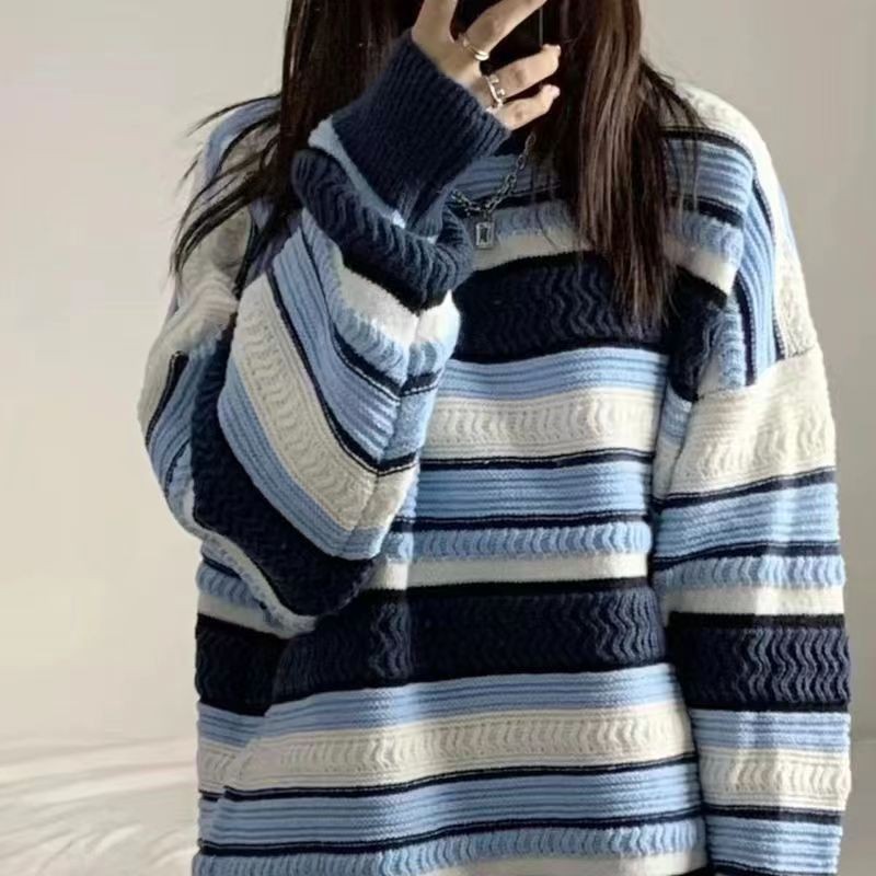 เสื้อสเวตเตอร์ pullover ผู้หญิงลายทางคอกลมลำลองหลวม